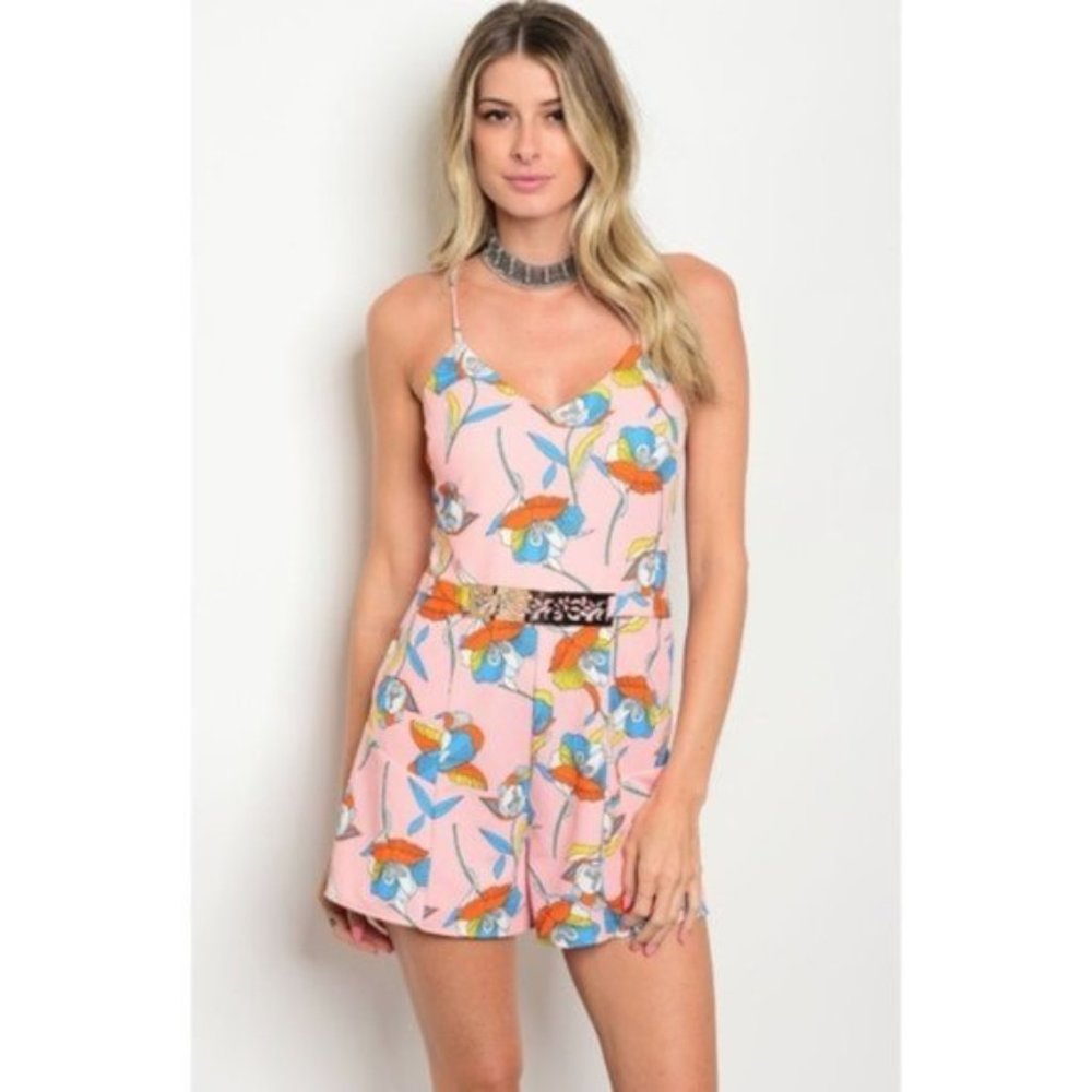 Pink Floral Belted Romper